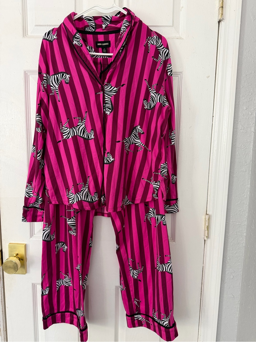 Room Service Pajama Set Large Pink Striped Zebra Print Button Up Pants